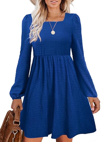 Womens Babydoll Dresses Square Neck Long Sleeve Knee Length Flowy Swing Shirring Mini Dresses Fall Dress