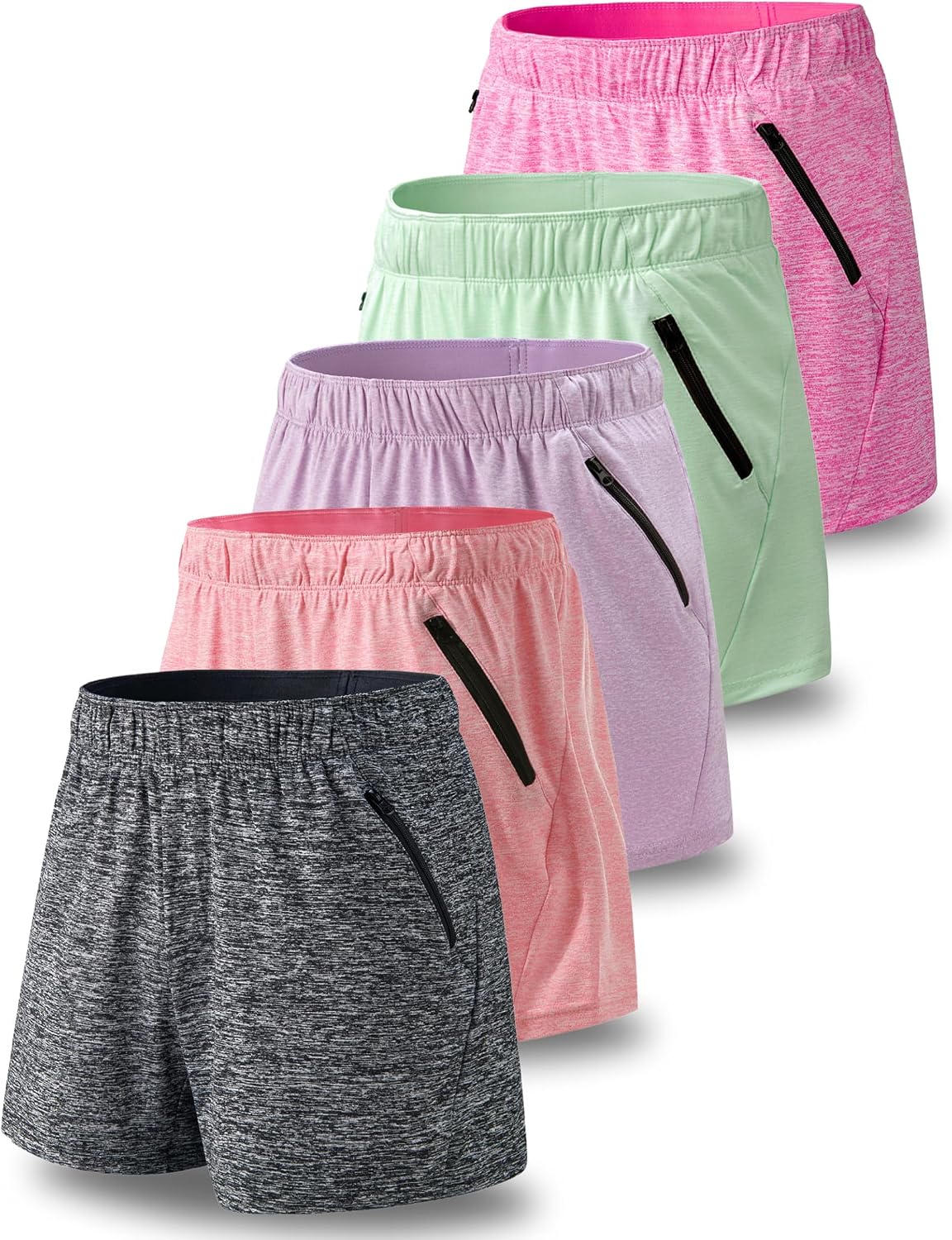 5 Pack: Womens Workout Gym Shorts Casual Lounge Set, Ladies Active Athletic Apparel with Zipper Pockets
