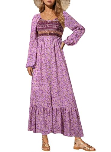 Dokotoo Fall Dresses for Women 2025 Boho Floral Smocked Empire Waist Square Neck Long Sleeve Button Beach Maxi Dress Sundress