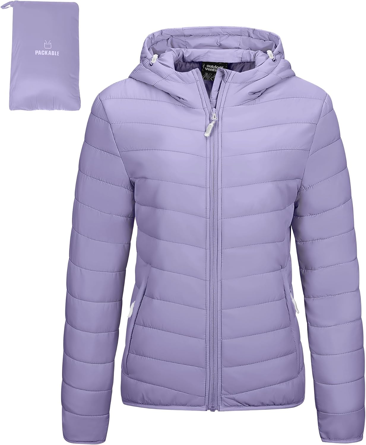 Outdoor Ventures Women's Packable Lightweight Full-Zip Puffer Jacket with Hood Quilted Winter Coat
