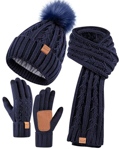 Womens Beanie Hat Scarf Gloves Set, Fleece Lined Winter Hat with Pom Pom, Long Knit Scarf Touchscreen Gloves for Cold Weather