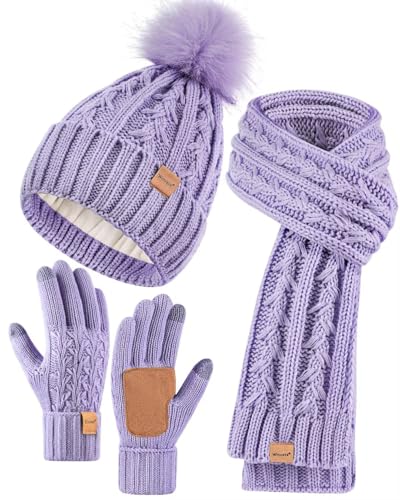 Womens Beanie Hat Scarf Gloves Set, Fleece Lined Winter Hat with Pom Pom, Long Knit Scarf Touchscreen Gloves for Cold Weather