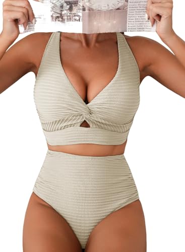 Herseas Women's Textured Bikini Sets Twist Front Top Swimsuits High Waisted Bathing Suits