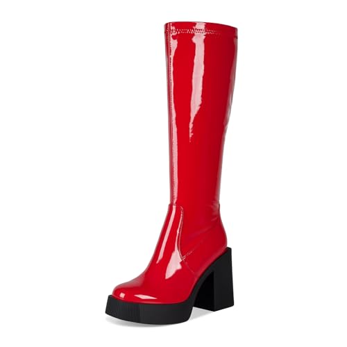wetkiss Platform Knee High Boots Women Chunky High Heel Black Boots for Women Gogo Boot with Side Zipper Stretchy Party Festival Cosplay Halloween Boot Not for Wide Calf