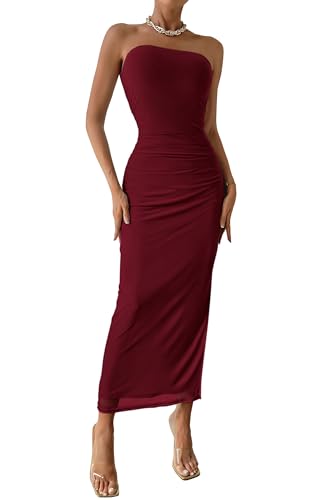 PRETTYGARDEN Women's Summer Wedding Guest Dress Strapless Tube Top Maxi Bodycon Long Floral Mesh Beach Vacation Party Dresses