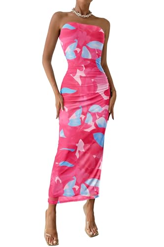 PRETTYGARDEN Women's Summer Wedding Guest Dress Strapless Tube Top Maxi Bodycon Long Floral Mesh Beach Vacation Party Dresses