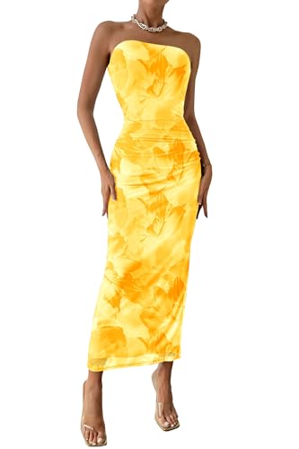 PRETTYGARDEN Women's Summer Wedding Guest Dress Strapless Tube Top Maxi Bodycon Long Floral Mesh Beach Vacation Party Dresses