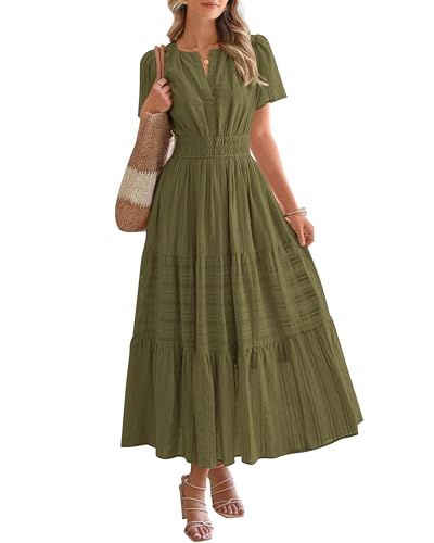 BTFBM Womens Summer 2025 Casual Midi Maxi Dresses Lightweight Short Sleeve V Neck Elastic Waist Boho Beach Dress Pockets