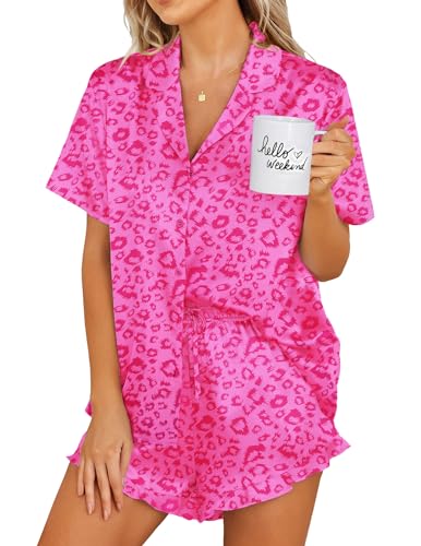 Ekouaer Womens Satin Pajamas Set Button Down 2 Piece Silk Pjs Shorts Set Ruffle Lingerie Notch Collar Sleepwear