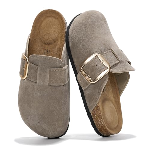 Project Cloud 100% Genuine Leather Clogs for Women Shoes - Memory Foam Insole, Non-Slip & Natural Cork Footbed Arch Support Big Buckle Womens Clogs and Mules Footwear (Manchester)
