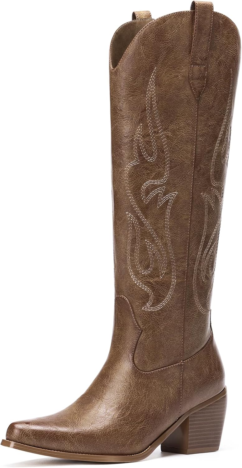 Pasuot Western Cowboy Boots for Women - Knee High Wide Calf Cowgirl Boots with Classic Embroidered, Slip On Pointed Toe Chunky Heel Fashion Retro Classic Pull On Tall Boot for Girls Ladies Fall Winter