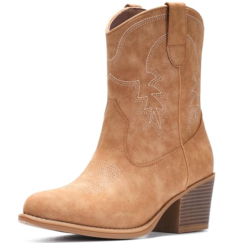 IXU Cowboy Boots for Women Ankle Cowgirl Booties Wide Mid Calf Pointed Toe Western Boots Short Chunky Classic Booties