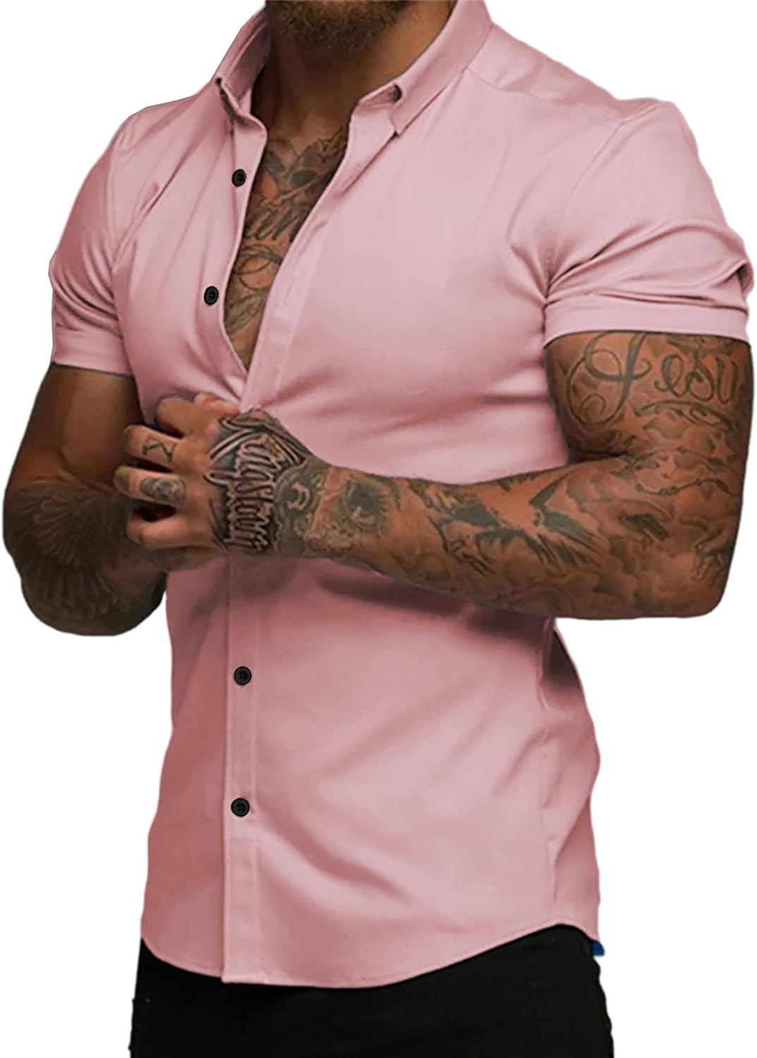 JMIERR Men's Muscle Fit Dress Shirts Summer Casual Button Down Short Sleeve High Stretch Wrinkle-Free Shirt