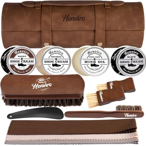 Henviro Leather Shoe Polish Kit - Birthday Gifts for Men, Leather Boot Care Kit, Dad, Shoe Shine Kit, Mens Gifts Idea