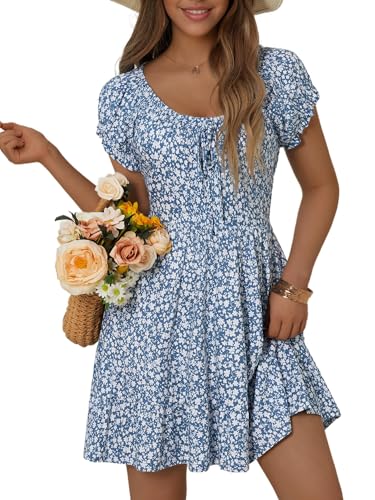 HUHOT Teen Petite Women Floral Short Summer Mini Dresses with Pockets Cute Milkmaid Sundress