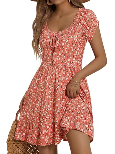 HUHOT Teen Petite Women Floral Short Summer Mini Dresses with Pockets Cute Milkmaid Sundress