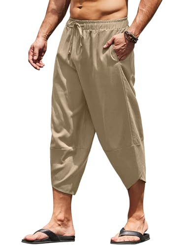 COOFANDY Men's Linen Harem Capri Pants Lightweight Loose 3/4 Shorts Drawstring Elastic Waist Casual Beach Boho Yoga Trousers