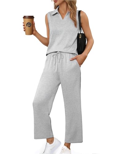 PINSPARK Two Piece Sets for Women Sleeveless Outfits Travel Tracksuit V Neck Top Wide Leg Pant Lounge Sets 2025 Summer