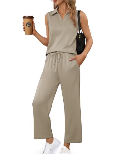 PINSPARK Two Piece Sets for Women Sleeveless Outfits Travel Tracksuit V Neck Top Wide Leg Pant Lounge Sets 2025 Summer