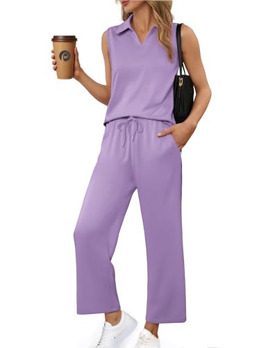 PINSPARK Two Piece Sets for Women Sleeveless Outfits Travel Tracksuit V Neck Top Wide Leg Pant Lounge Sets 2025 Summer