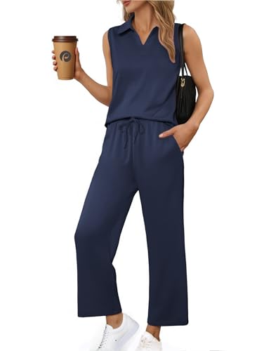PINSPARK Two Piece Sets for Women Sleeveless Outfits Travel Tracksuit V Neck Top Wide Leg Pant Lounge Sets 2025 Summer