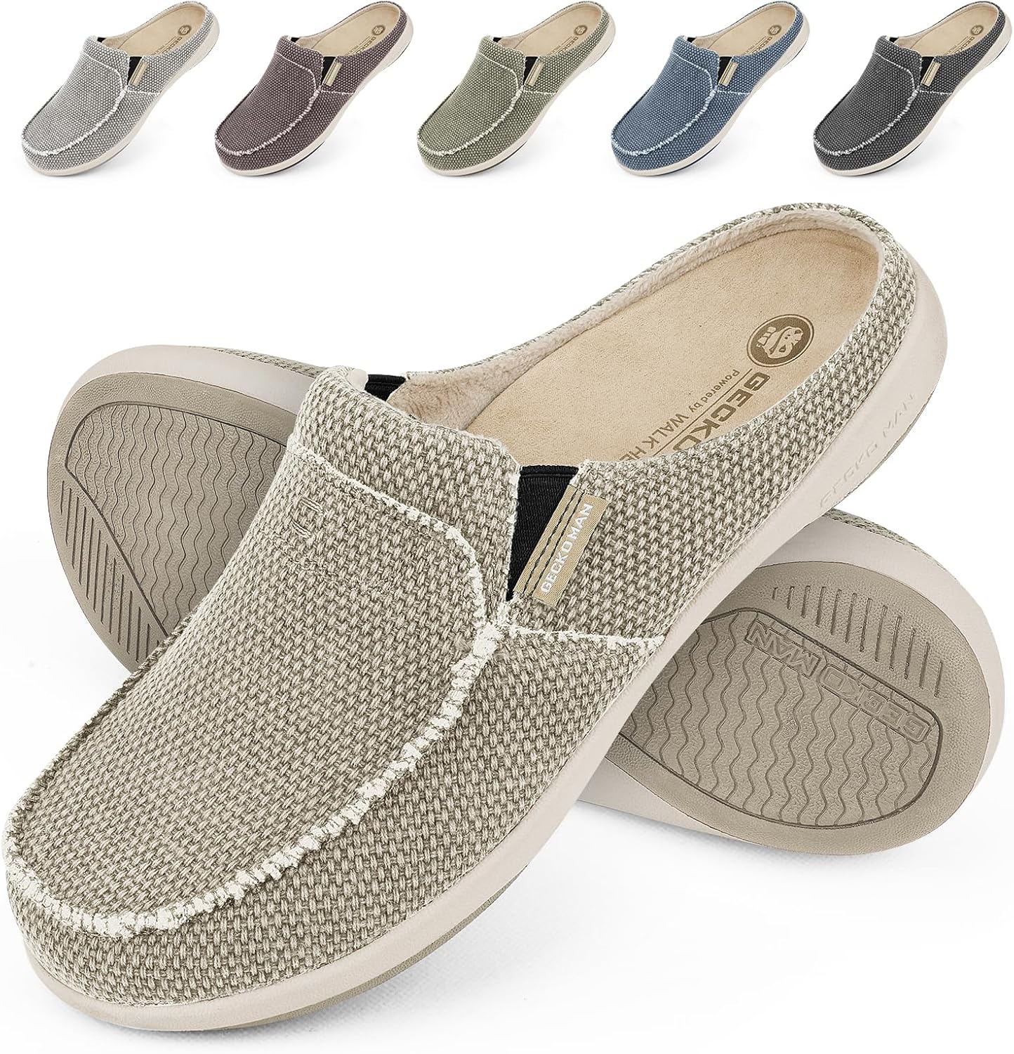Mens Slippers with Arch Support, Canvas House Slipper for Men with Velvet Lining, Slip On Clog, Indoor Outdoor House Shoes with Anti-Skid Rubber Sole