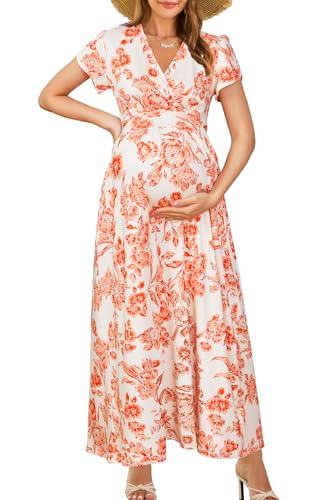 OUGES Maternity Maxi Dress (Wrap V Neck)