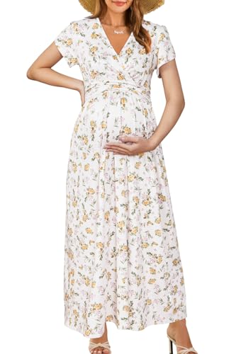 OUGES Maternity Maxi Dress V Neck Baby Wrap Summer Shower Pregnancy Dresses for Photoshoot 2025