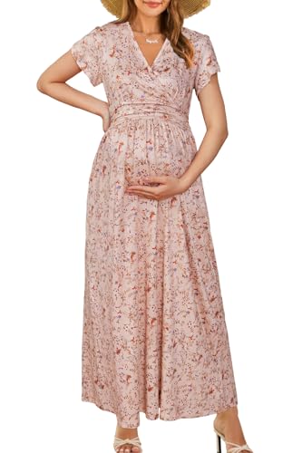 OUGES Maternity Maxi Dress (Wrap V Neck)