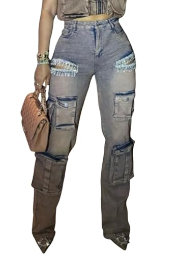 Unybwonn Women Rhinestone Cargo Jeans High Waisted Baggy Sexy Sparkly Cut Out Ripped Distressed Stretchy Denim Pants