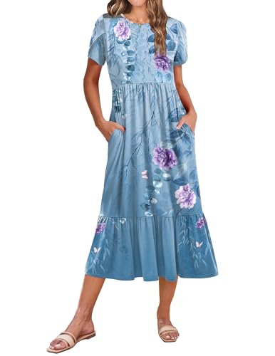Zeagoo Women Summer Midi A Line Dress Short Sleeve Casual Flowy Tiered Beach Long Sundress with Pockets 2025 Vacation Travel