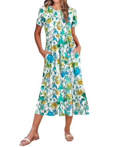Zeagoo Women Summer Midi A Line Dress Short Sleeve Casual Flowy Tiered Beach Long Sundress with Pockets 2025 Vacation Travel