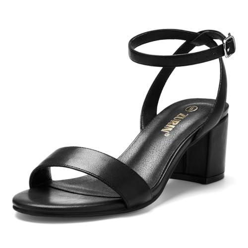 ZURIN Women's Black Low Block Heels, Open Toe Chunky Heeled Sandals with Ankle Strap, Comfortable Dress Pumps Shoes for Wedding Guest Evening Graduation Prom 2.24 inch