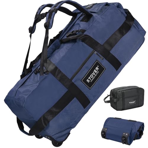 STOVER 80L Rolling Duffel Bag with Wheels, Large 31 Inch Durable Travel Duffle + Toiletry Bag, Heavy Duty, Packable, Foldable w/Shoulder Straps- Use as Luggage or Backpack, Men/Women (Blue)