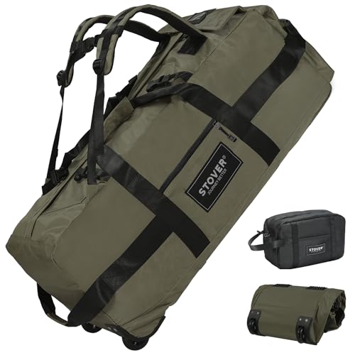 STOVER 80L Rolling Duffel Bag with Wheels, Large 31 Inch Durable Travel Duffle + Toiletry Bag, Heavy Duty, Packable, Foldable w/Shoulder Straps- Use as Luggage or Backpack, Men/Women (Green)