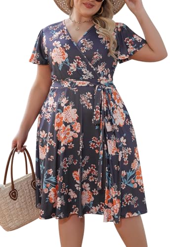Nemidor Plus Size Dresses for Curvy Women Casual Summer V Neck Short Sleeve Midi Cocktail Vintage Dress with Pocket
