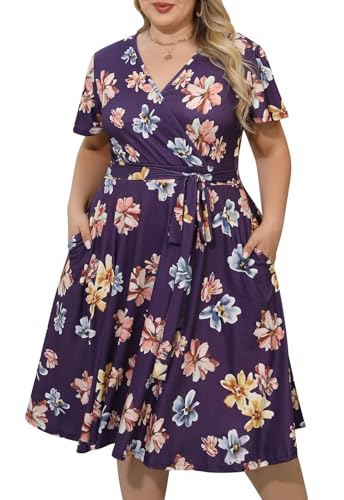 Nemidor Plus Size Dresses for Curvy Women Casual Summer V Neck Short Sleeve Midi Cocktail Vintage Dress with Pocket