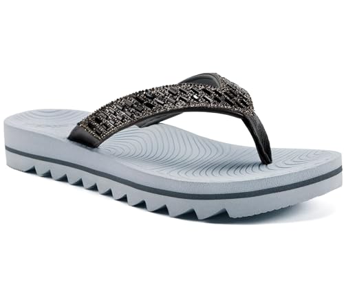 KuaiLu Womens Orthotic Flip Flops with Arch Support Yoga Mat Cushion Fashion Rhinestone Sandals Summer Walking Beach Travel Thong Slides Comfy Plantar Fasciitis Indoor Outdoor Sandles US5-11