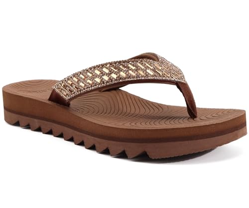 KuaiLu Womens Orthotic Flip Flops with Arch Support Yoga Mat Cushion Fashion Rhinestone Sandals Summer Walking Beach Travel Thong Slides Comfy Plantar Fasciitis Indoor Outdoor Sandles US5-11
