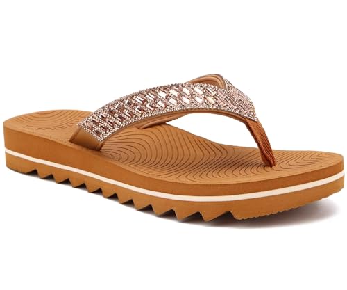KuaiLu Womens Orthotic Flip Flops with Arch Support Yoga Mat Cushion Fashion Rhinestone Sandals Summer Walking Beach Travel Thong Slides Comfy Plantar Fasciitis Indoor Outdoor Sandles US5-11