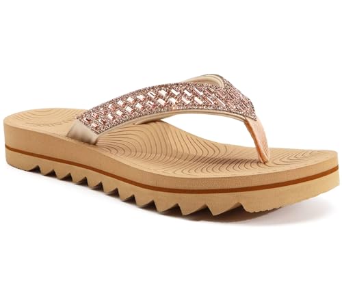 KuaiLu Womens Orthotic Flip Flops with Arch Support Yoga Mat Cushion Fashion Rhinestone Sandals Summer Walking Beach Travel Thong Slides Comfy Plantar Fasciitis Indoor Outdoor Sandles US5-11