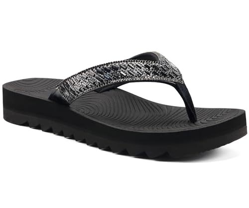KuaiLu Womens Orthotic Flip Flops with Arch Support Yoga Mat Cushion Fashion Rhinestone Sandals Summer Walking Beach Travel Thong Slides Comfy Plantar Fasciitis Indoor Outdoor Sandles US5-11