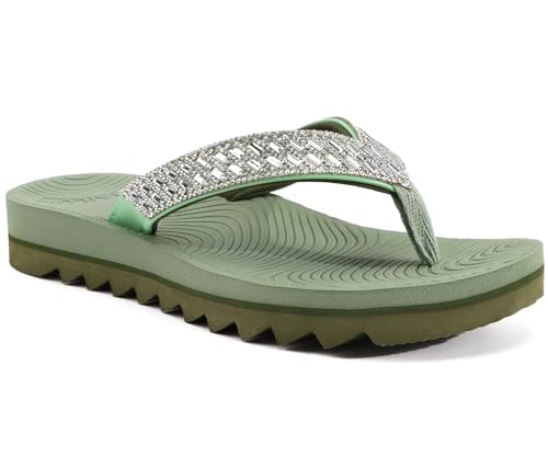 KuaiLu Womens Orthotic Flip Flops with Arch Support Yoga Mat Cushion Fashion Rhinestone Sandals Summer Walking Beach Travel Thong Slides Comfy Plantar Fasciitis Indoor Outdoor Sandles US5-11
