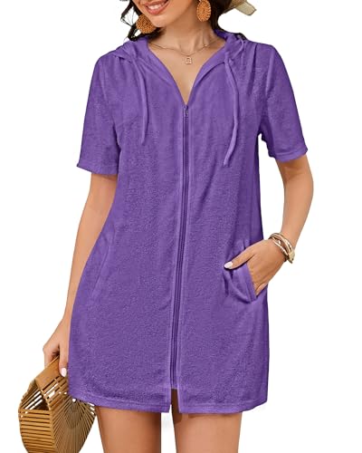 Bsubseach Terry Cloth Cover Up - Women 2025 Zipper Swimsuit Coverup Hooded Swim Robes Beach Coverups with Pockets