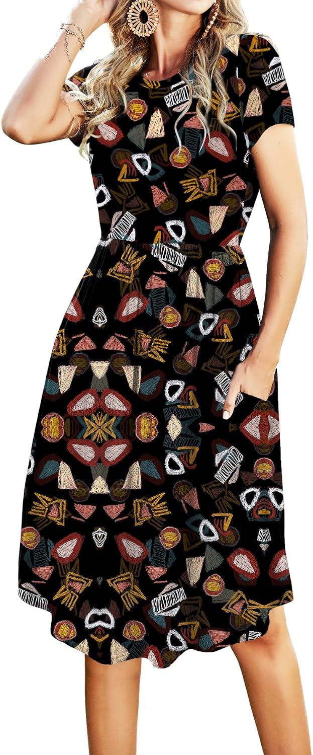 Simier Fariry Womens Summer Pocket Knee Length Teacher Casual Dress Knit Fit Flare Short Sleeve Midi Work Travel Outfits