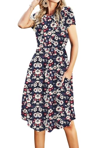 Simier Fariry Womens Summer Pocket Knee Length Teacher Casual Dress Knit Fit Flare Short Sleeve Midi Work Travel Outfits