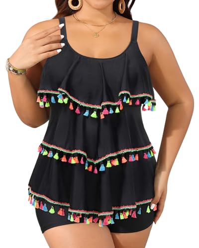 Yonique Women's Plus Size Tankini Swimsuits with Shorts Two Piece Bathing Suits Ruffle Swimsuits Tummy Control Swimwear