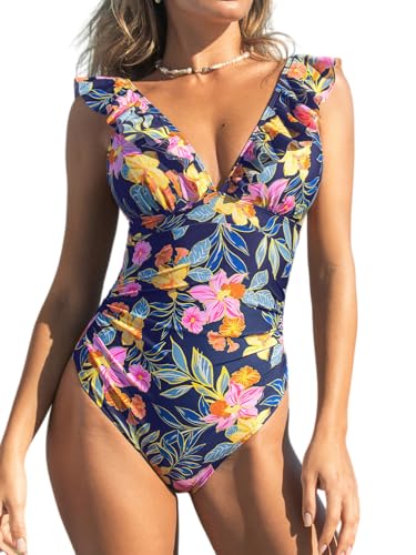CUPSHE Women's Ruffled One Piece Swimsuit V Neck Lace Up
