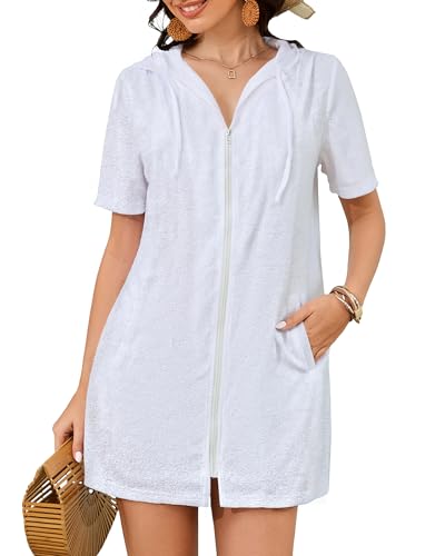 Bsubseach Terry Cloth Cover Up - Women 2025 Zipper Swimsuit Coverup Hooded Swim Robes Beach Coverups with Pockets