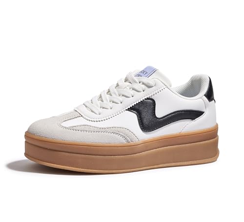 LUCKY STEP Women's Platform Fashion Sneakers Thick Sole Suede Genuine Leather Classic Rubber Gum Sole Low Top Casual Walking Shoes